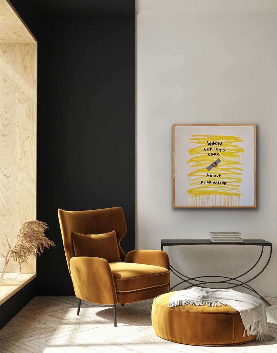 When Artists Care About Starvation - Original conceptual painting with tape on yellow canvas by U Me